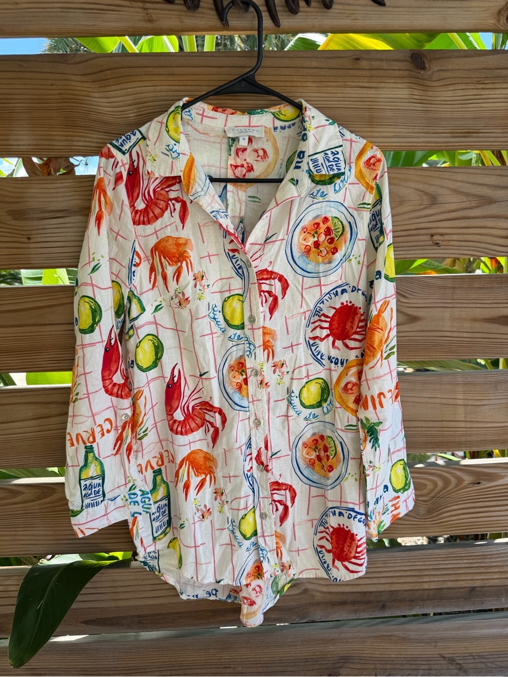 Women's Casual Seafood-Print Button-Up Shirt - White/Multi